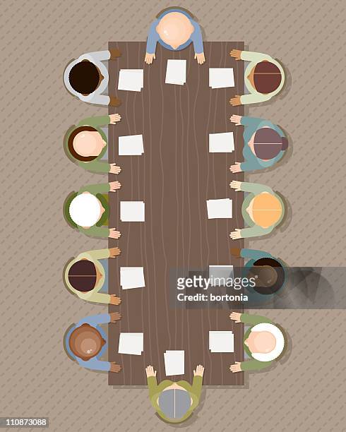 board meeting: overhead view - focus group discussion stock illustrations