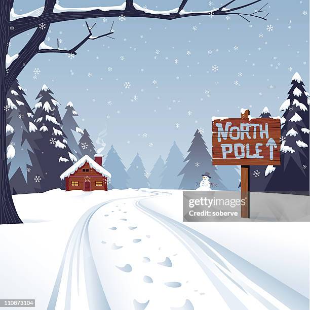 cartoon illustration of the north pole with trees and snow - western script stock illustrations