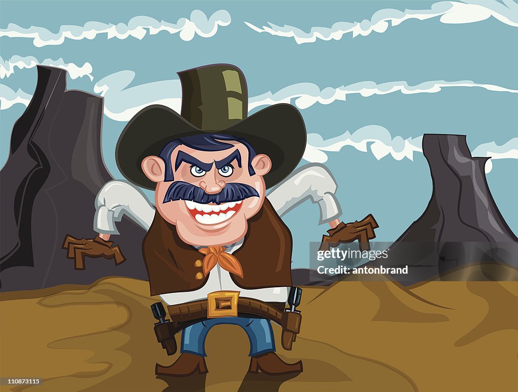 Cartoon cowboy ready to draw his guns