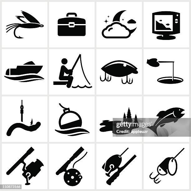 black fishing icons - fishing reel stock illustrations