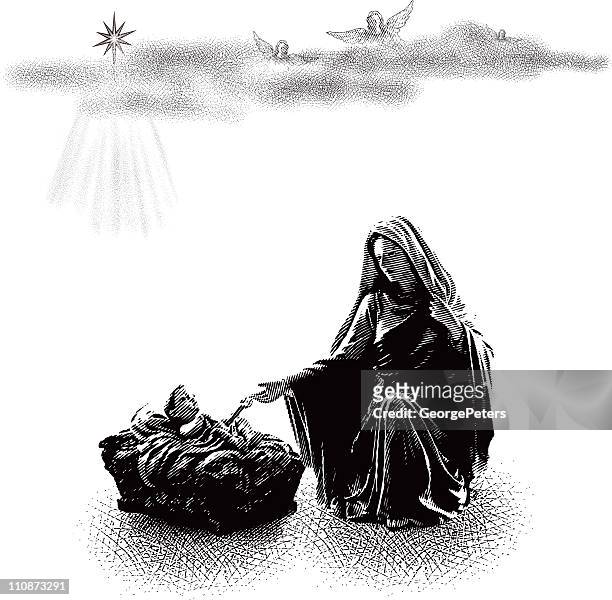 baby jesus and virgin mary - nativity scene white background stock illustrations