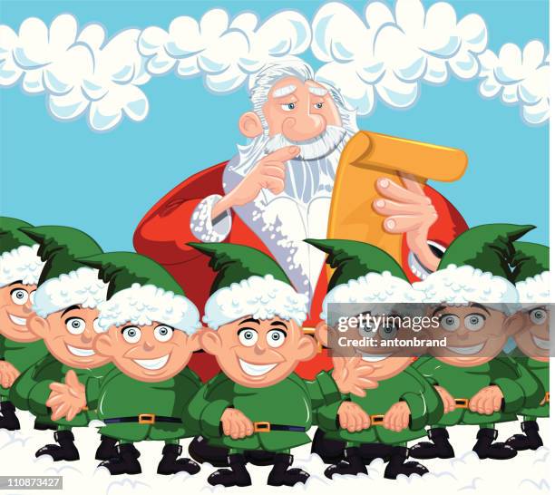 santa and elves cartoon - elf background stock illustrations
