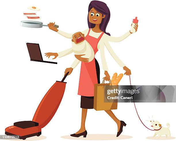 modernes multitasking hausfrau mit mehreren hände - baby and dog on white stock-grafiken, -clipart, -cartoons und -symbole