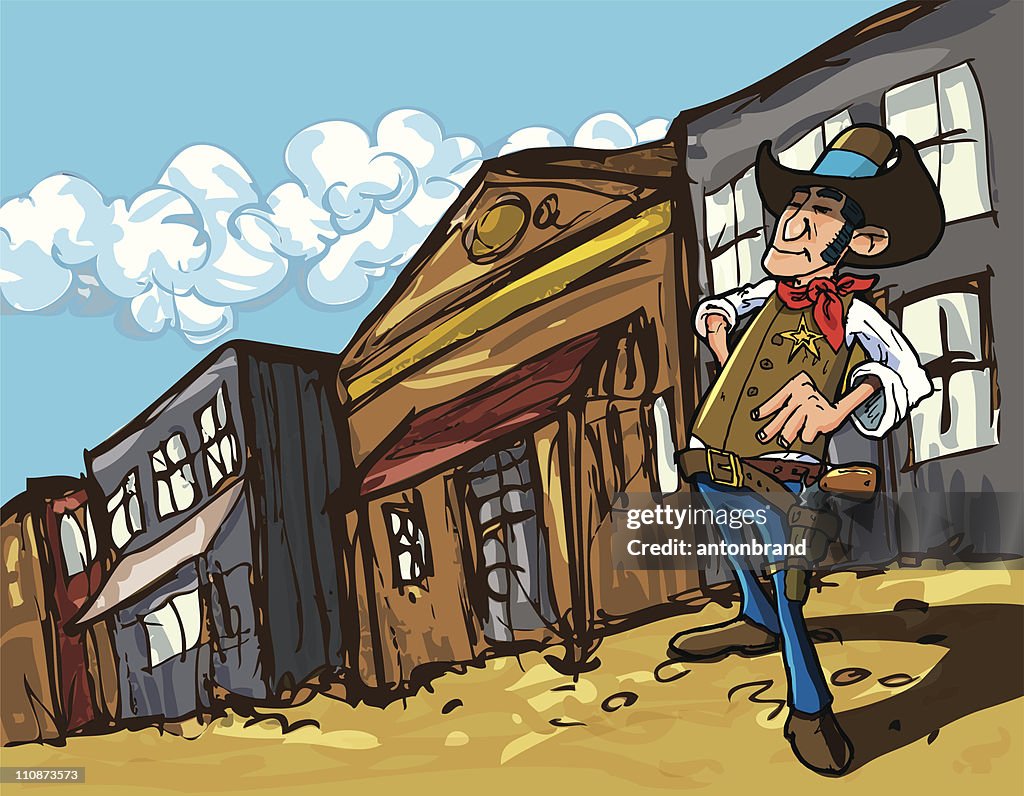 Cartoon cowboy sheriff in a dusty town street
