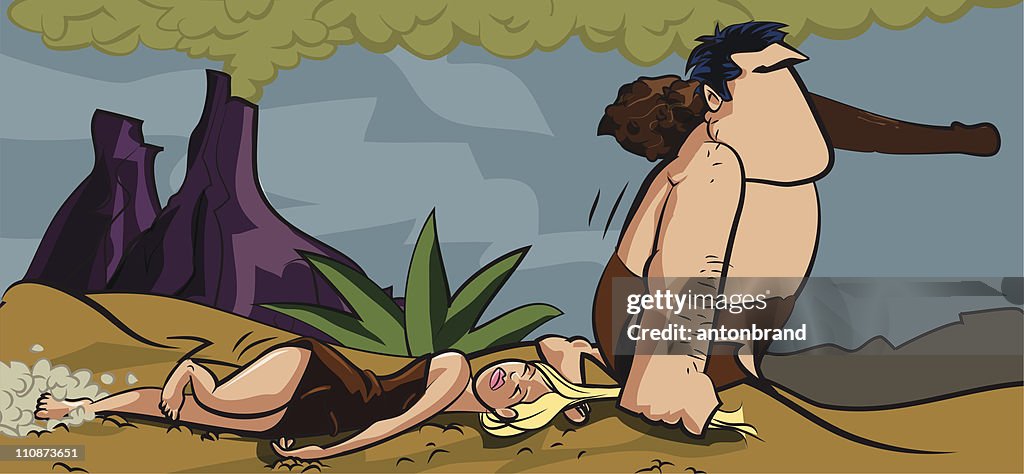 Cartoon caveman dragging a woman by her hair