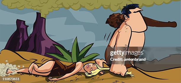 cartoon caveman dragging a woman by her hair - early homo sapiens 幅插畫檔、美工圖案、卡通及圖標