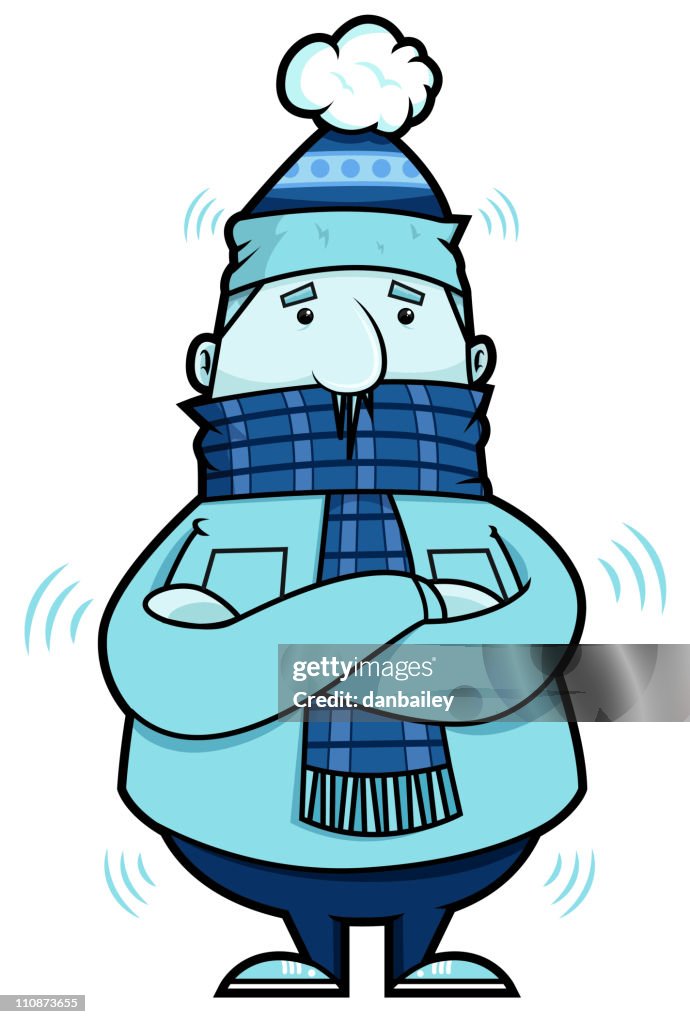 A cartoon of a blue man being cold