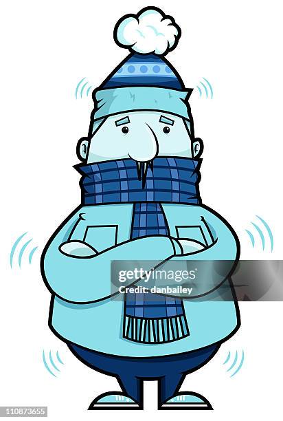 a cartoon of a blue man being cold - icicle stock illustrations