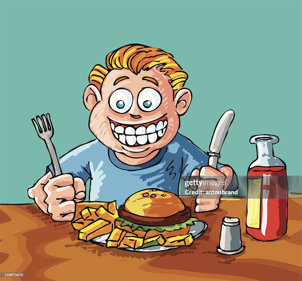 Cartoon Boy Eating A Hamburger And Fries High-Res Vector Graphic - Getty  Images