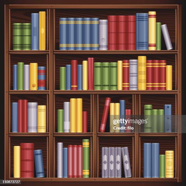 books on bookshelf - library interior stock illustrations