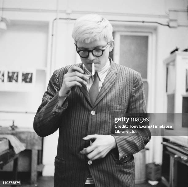 English artist David Hockney during a printmaking session at the Edition Alecto Press studios, London, circa 1965.