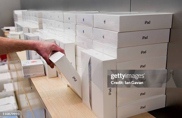 Boxes of the new Apple iPad 2 are stacked as it goes on sale at Apple Store, Regent Street on March 25, 2011 in London, England. The latest iPad went...