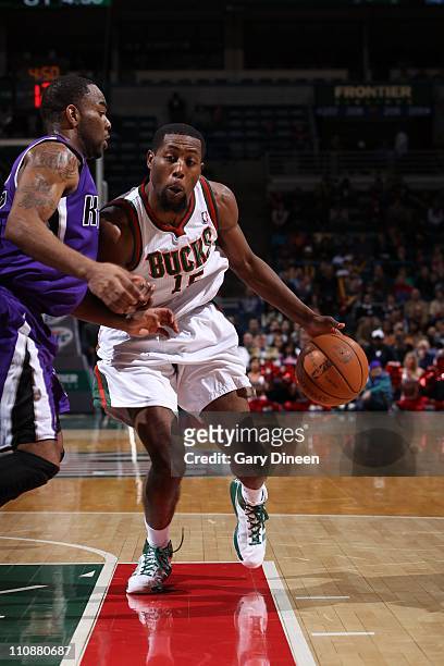 John Salmons of the Milwakee Bucks moves the ball against the Sacramento Kings on on March 23, 2011 at the Bradley Center in Milwaukee, Wisconsin....