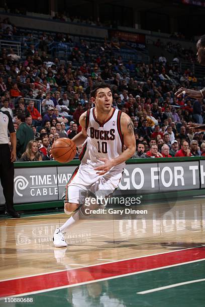 Carlos Delfino of the Milwakee Bucks moves the ball against the Sacramento Kings on on March 23, 2011 at the Bradley Center in Milwaukee, Wisconsin....