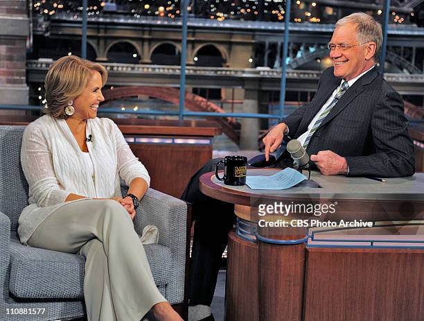Katie Couric, Anchor and Managing Editor of the CBS Evening News, laughs with Late Show host David Letterman during Tuesday's 3/22 taping in New York.