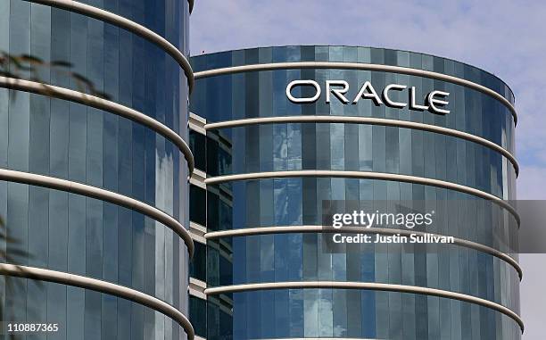 The Oracle logo is displayed on the company's headquarters on March 25, 2011 in Redwood Shores, California. Oracle reported a third quarter profit...