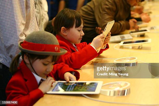 School kids get to grips with the iPad 2 at it's launch at the Apple Store, Regent Street on March 25, 20011 in London, England. The latest iPad went...