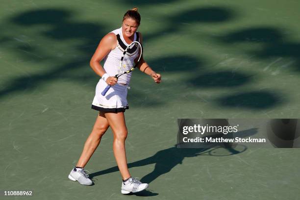 Dinara Safina of Russia reacts against Vera Zvonareva of Russia during the Sony Ericsson Open at Crandon Park Tennis Center on March 25, 2011 in Key...