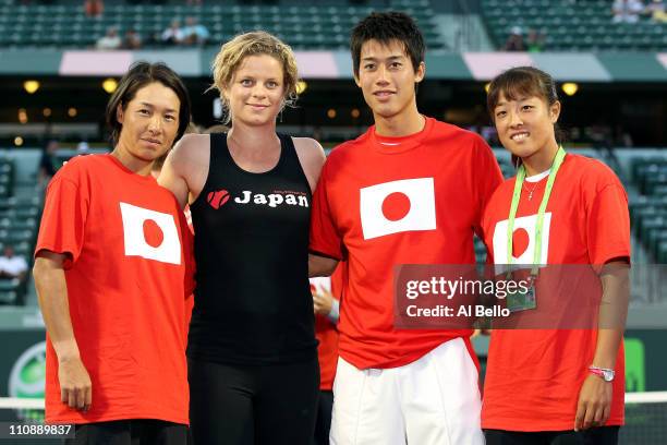Kimiko Date-Krumm of Japan, Kim Clijsters of Belgium, Kei Nishikori of Japan and Ayumi Morita of Japan pose for a photo as part of "Tennis Family for...