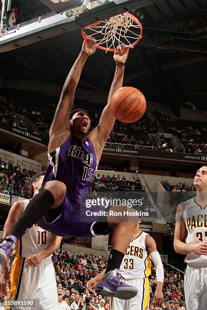 DeMarcus Cousins of the Sacramento Kings dunks against the Indiana Pacers during the game on March 25, 2011 at Conseco Fieldhouse in Indianapolis,...