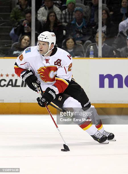 Robyn Regehr of the Calgary Flames in action against the San Jose Sharks at the HP Pavilion on March 23, 2011 in San Jose, California.