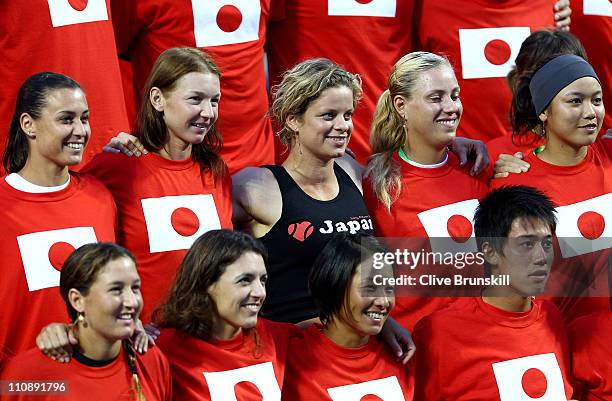 Members of the ATP and WTA who are participating in the Sony Ericsson Open pose for a group photo, including Kimiko Date-Krumm, Kei Nishikori and Kim...