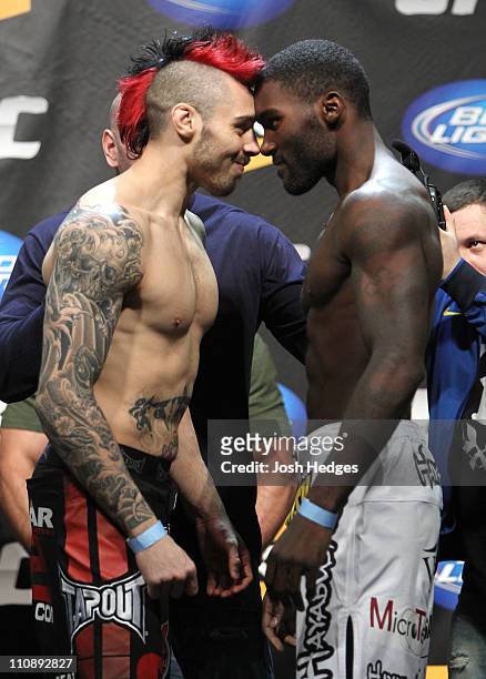 Welterweight opponents Dan Hardy and Anthony Johnson face off at the UFC Fight Night 24 weigh-in at Key Arena on March 25, 2011 in Seattle,...