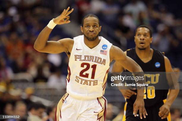 Michael Snaer of the Florida State Seminoles celebrates after a three point shot against the Virginia Commonwealth Rams during the southwest regional...