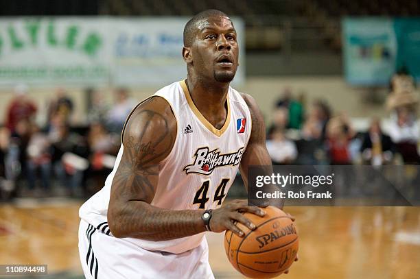 Ivan Johnson of the Erie Bayhawks sets his free-throw shot against the Iowa Energy during a NBA D-League game on March 25, 2011 at the Tullio Arena...