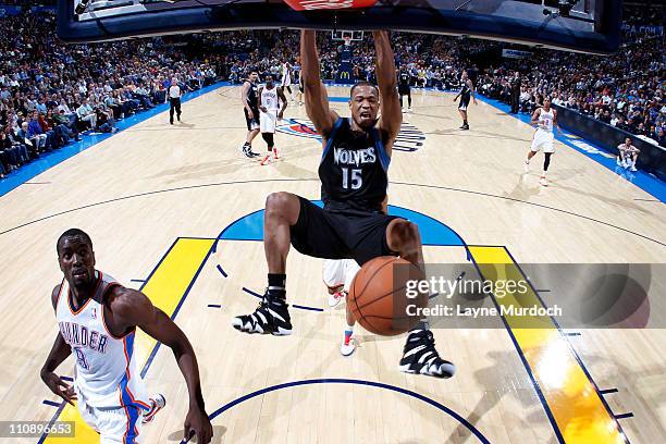 Anthony Randolph of the Minnesota Timberwolves dunks against the Oklahoma City Thunder on March 25, 2011 at the Oklahoma City Arena in Oklahoma City,...