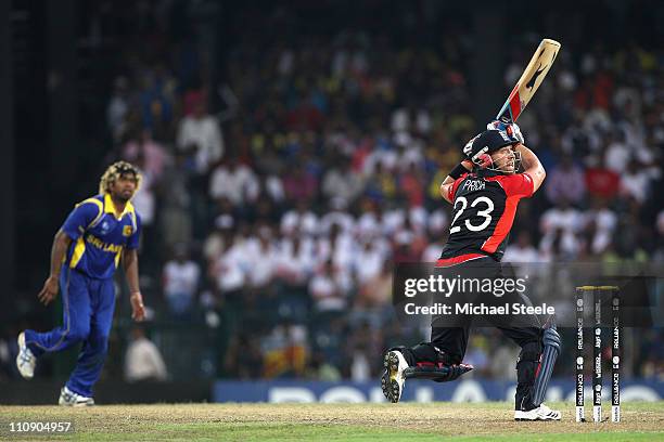 Matt Prior of England guides a four towards third man off the bowling of Lasith Malinga during the 2011 ICC World Cup Quarter-Final match between Sri...