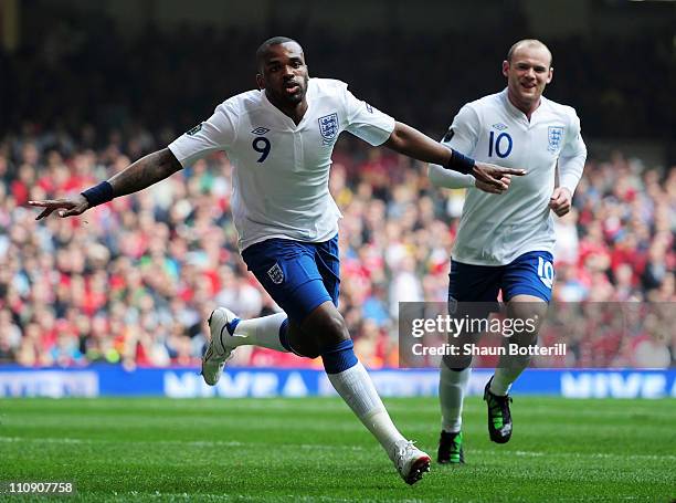 Darren Bent of England celebrates after scoring his team's second goal during the UEFA EURO 2012 Group G qualifying match between Wales and England...