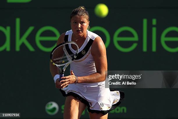 Dinara Safina of Russia in action against Vera Zvonareva of Russia during the Sony Ericsson Open at Crandon Park Tennis Center on March 25, 2011 in...
