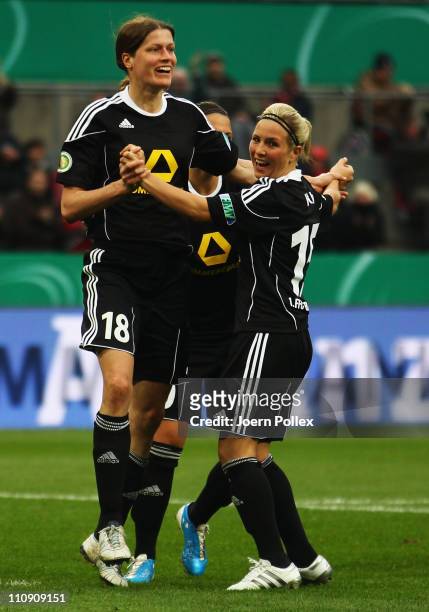 Kerstin Garefrekes of Frankfurt celebrates after scoring her team's second goal during the DFB Women's Cup final match between 1. FFC Frankfurt and...