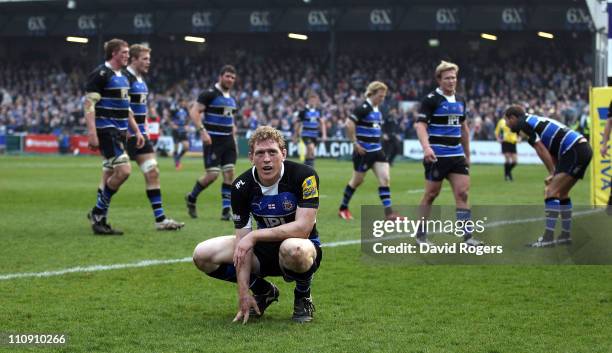 Sam Vesty, the Bath centre looks dejected at the end of the first half as Leicester Tigers score three first half tries during the Aviva Premiership...