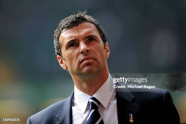 Gary Speed the manager of Wales looks on prior to kickoff during the UEFA EURO 2012 Group G qualifying match between Wales and England at the...