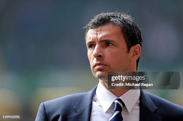 Gary Speed the manager of Wales looks on prior to kickoff during the UEFA EURO 2012 Group G qualifying match between Wales and England at the...