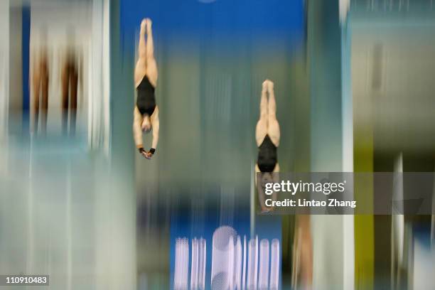 Alexandra Croak and Melissa Wu of Australia in the Women's 10m platform Synchro Final during the FINA Diving World Series at the Beijing National...