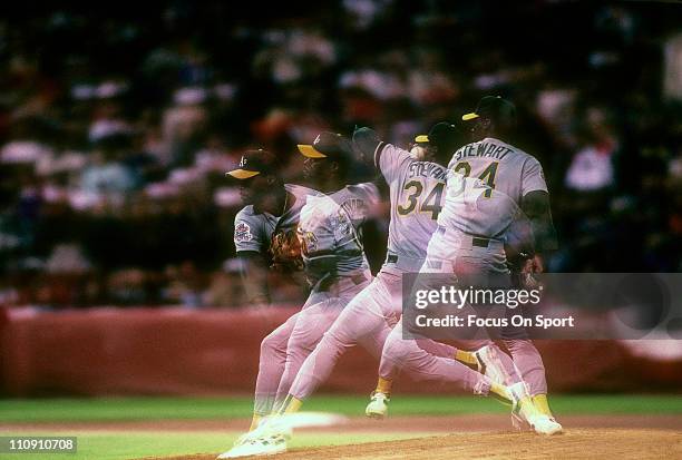 Pitcher Dave Stewart of the Oakland Athletics pitches against the San Francisco Giants in games three of 1989 World Series, October 27, 1989 at...