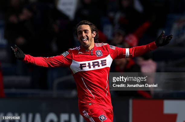 Gaston Puerari of the Chicago Fire celebrates a goal against Sporting Kansas City during an MLS match at Toyota Park on March 26, 2010 in Bridgeview,...