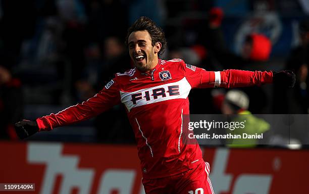 Gaston Puerari of the Chicago Fire celebrates a goal against Sporting Kansas City during an MLS match at Toyota Park on March 26, 2010 in Bridgeview,...