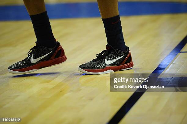 Nike sneakers are seen during a game during the west regional semifinal of the 2011 NCAA men's basketball tournament at the Honda Center on March 24,...