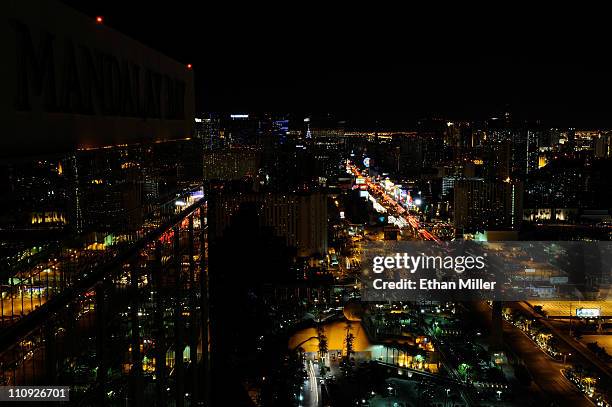 View of the Las Vegas Strip seen during Earth Hour from the House of Blues Foundation Room inside the Mandalay Bay Resort & Casino March 26, 2011 in...