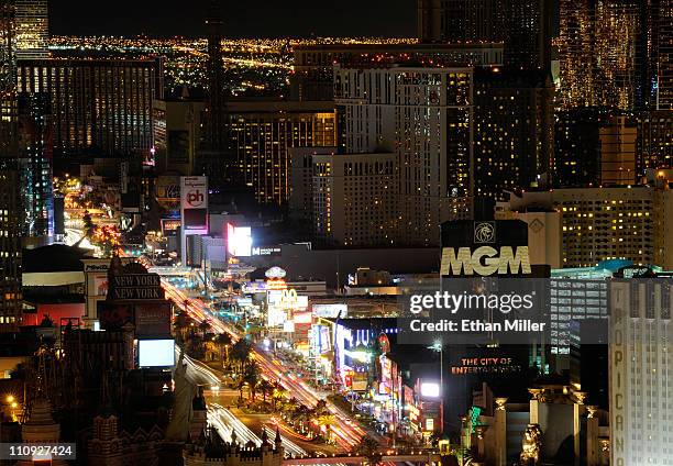 View of the Las Vegas Strip seen during Earth Hour from the House of Blues Foundation Room inside the Mandalay Bay Resort & Casino March 26, 2011 in...