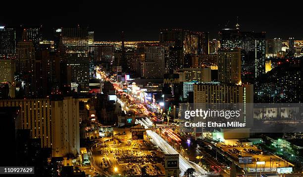 View of the Las Vegas Strip seen during Earth Hour from the House of Blues Foundation Room inside the Mandalay Bay Resort & Casino March 26, 2011 in...