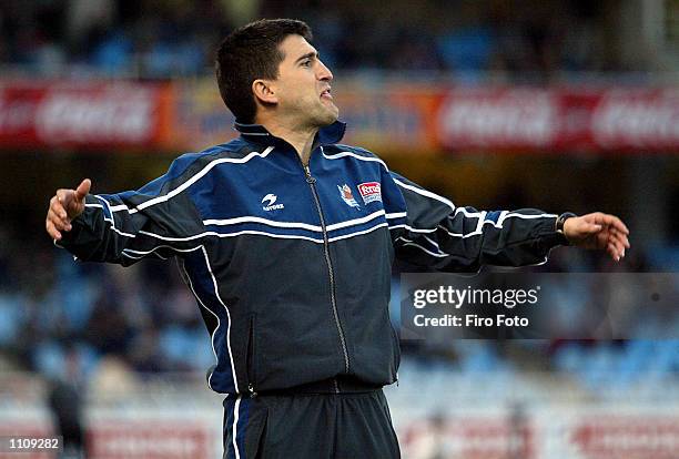 Roberto Olabe, the new coach of Real Sociedad, watches the action during the Primera Liga match between Real Sociedad and Espanyol , played at the...