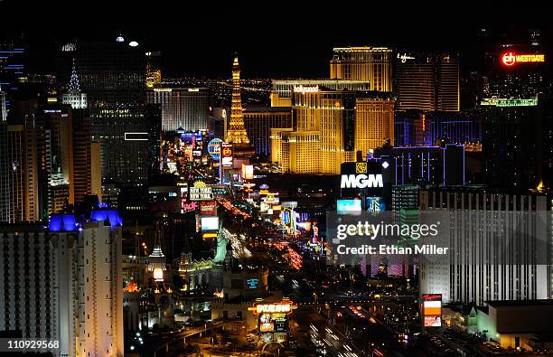 View of the Las Vegas Strip seen before Earth Hour from the House of Blues Foundation Room inside the Mandalay Bay Resort & Casino March 26, 2011 in...