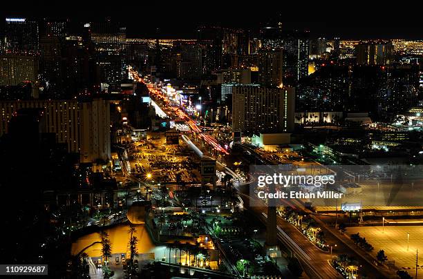 View of the Las Vegas Strip seen during Earth Hour from the House of Blues Foundation Room inside the Mandalay Bay Resort & Casino March 26, 2011 in...