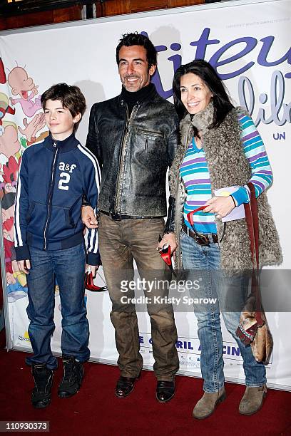 Actress, Adeline Blondieau with her husband Sergio Tampororelli and son, Aitor attend the Titeuf 3D premiere at Le Grand Rex on March 27, 2011 in...