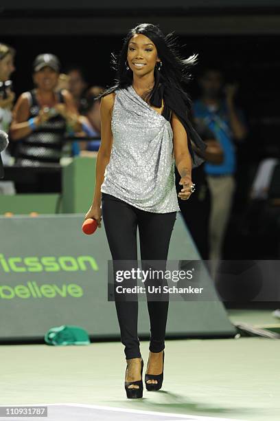 Brandy appears on court to perform during the Sony Ericsson Open at Crandon Park Tennis Center on March 26, 2011 in Key Biscayne, Florida.